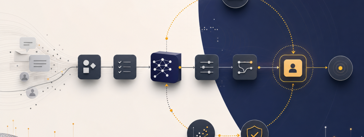 Abstract technical diagram of an eval-driven AI workflow with deterministic pipeline stages, metrics feedback, and human review checkpoint.