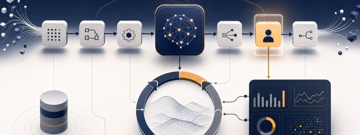 Abstract technical diagram of an eval-driven AI workflow with deterministic pipeline stages, metrics feedback, and human review checkpoint.